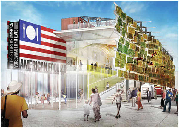 Pavilhão americano com parede de plantas comestíveis para a Expo Milão 2015